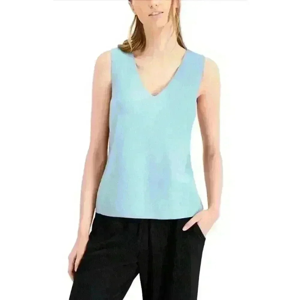 Alfani Sleeveless‎ V-Neck Sweater Ice Blue Ribbed Old Money Aesthetic Petite S